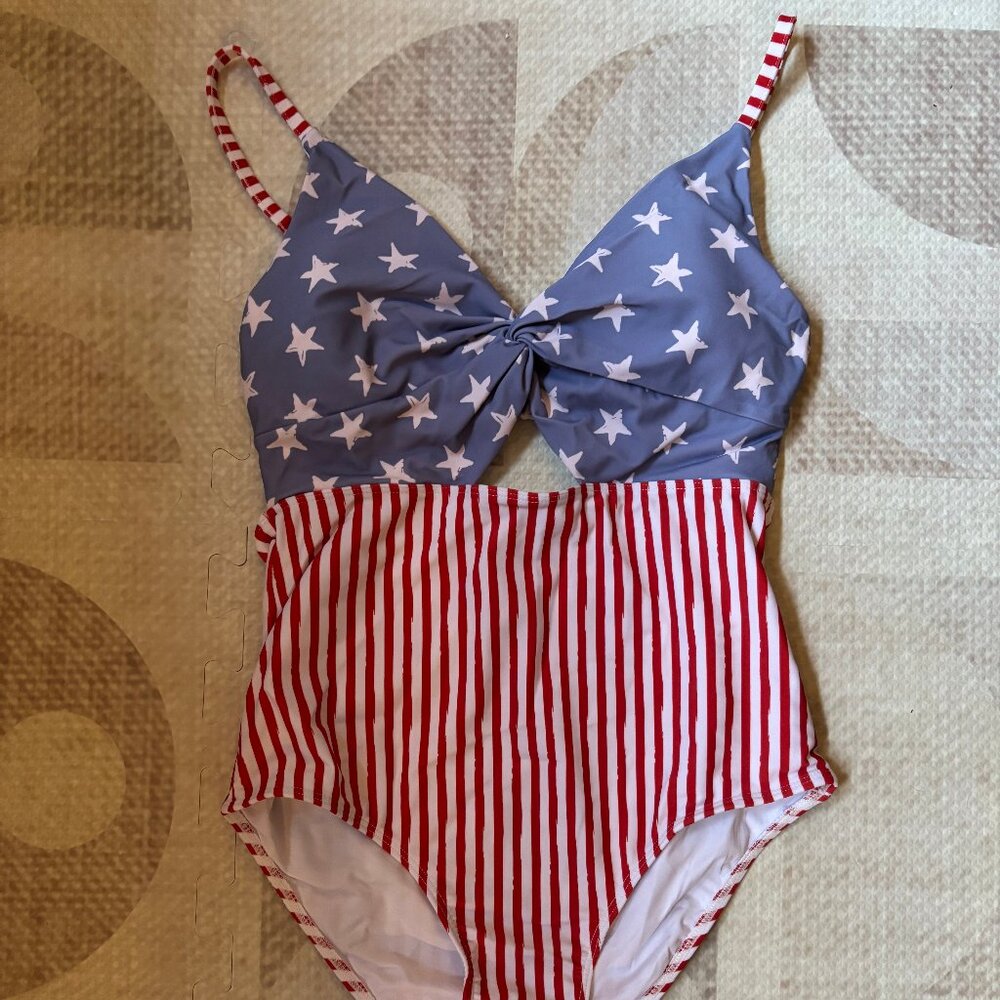 NWT Womens Caden Lane One Piece Swimsuit Patriotic Flag Print - Size S